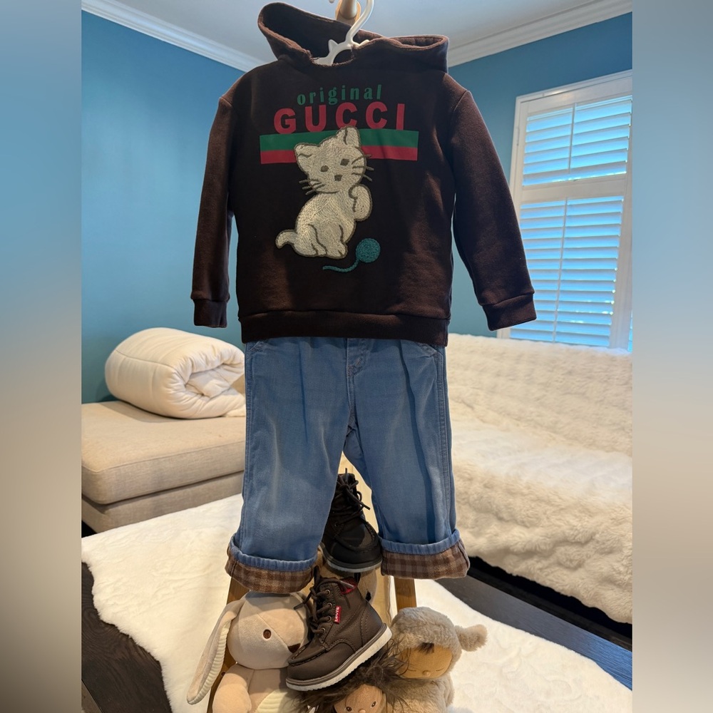 GUCCI Chocolate Hoodie with Cat Motif & GUCCI Jeans with flannel plaid lining